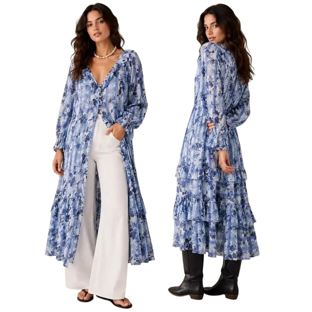 Free People Floral & Stripe Ruffled Long Sleeve Cotton Maxi Dress M boho NWOT